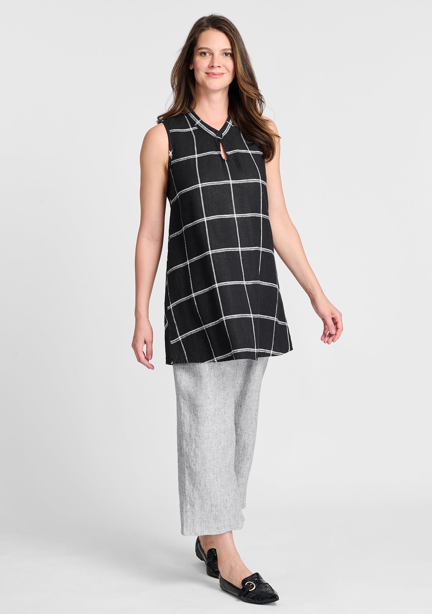 FLAX linen tank in black with linen pants in grey