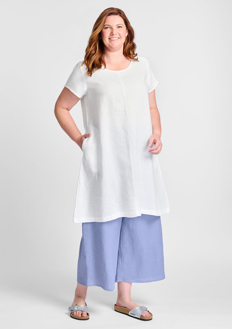 FLAX linen dress in white with linen pants in blue