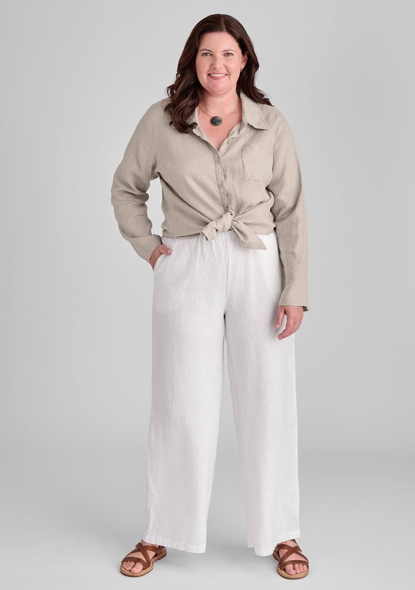 FLAX linen shirt in natural and linen pants in white