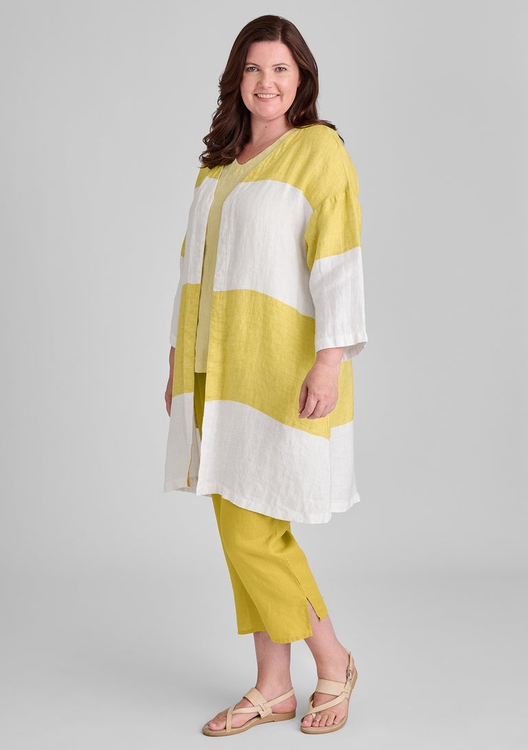 FLAX linen jacket in yellow with linen tank in yellow and linen pants in yellow