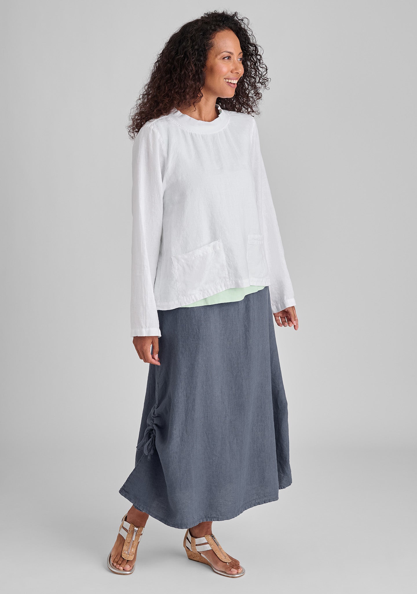 FLAX linen shirt in white and linen tank in green with linen skirt in blue