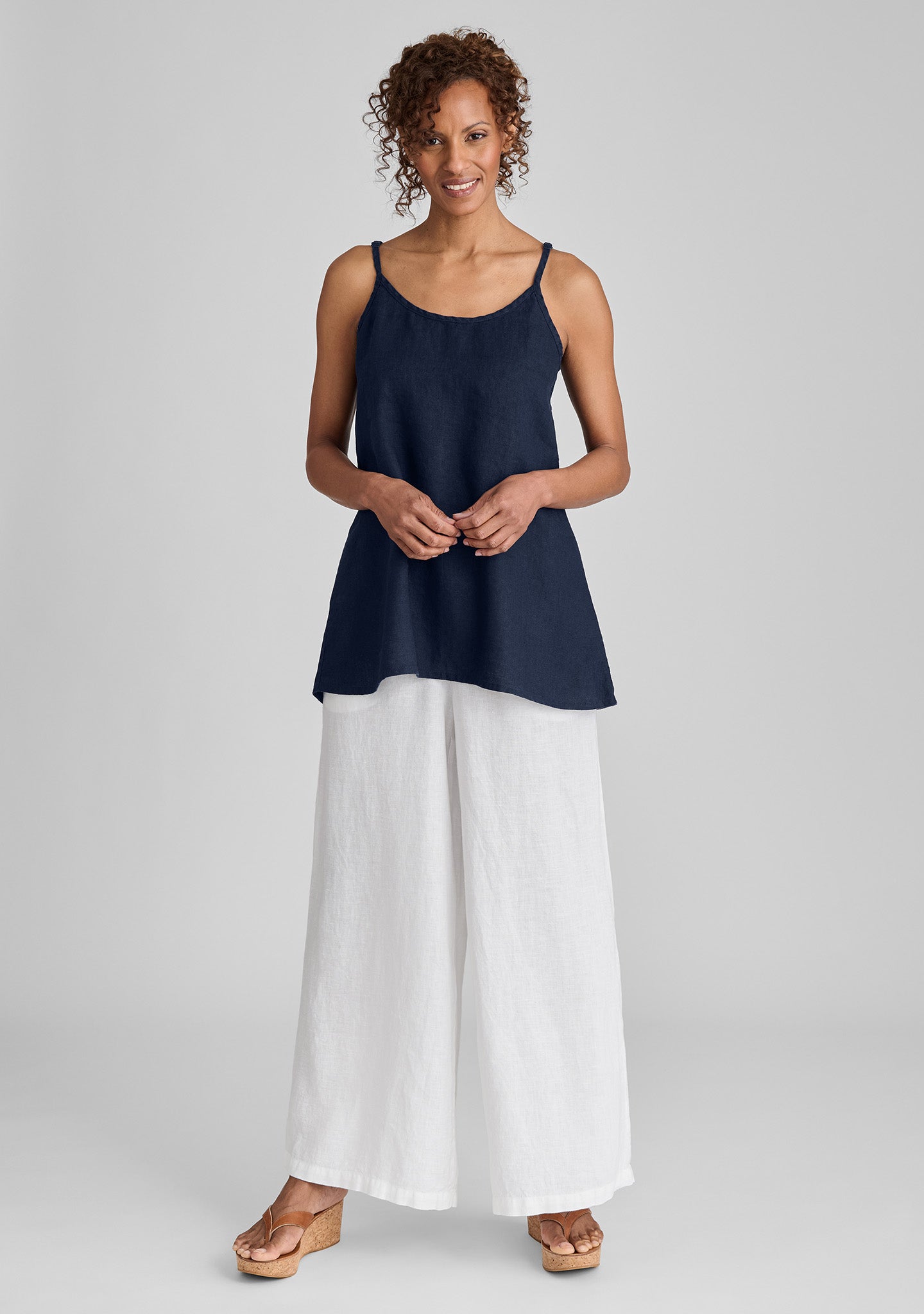 FLAX linen tank top in blue with linen pants in white