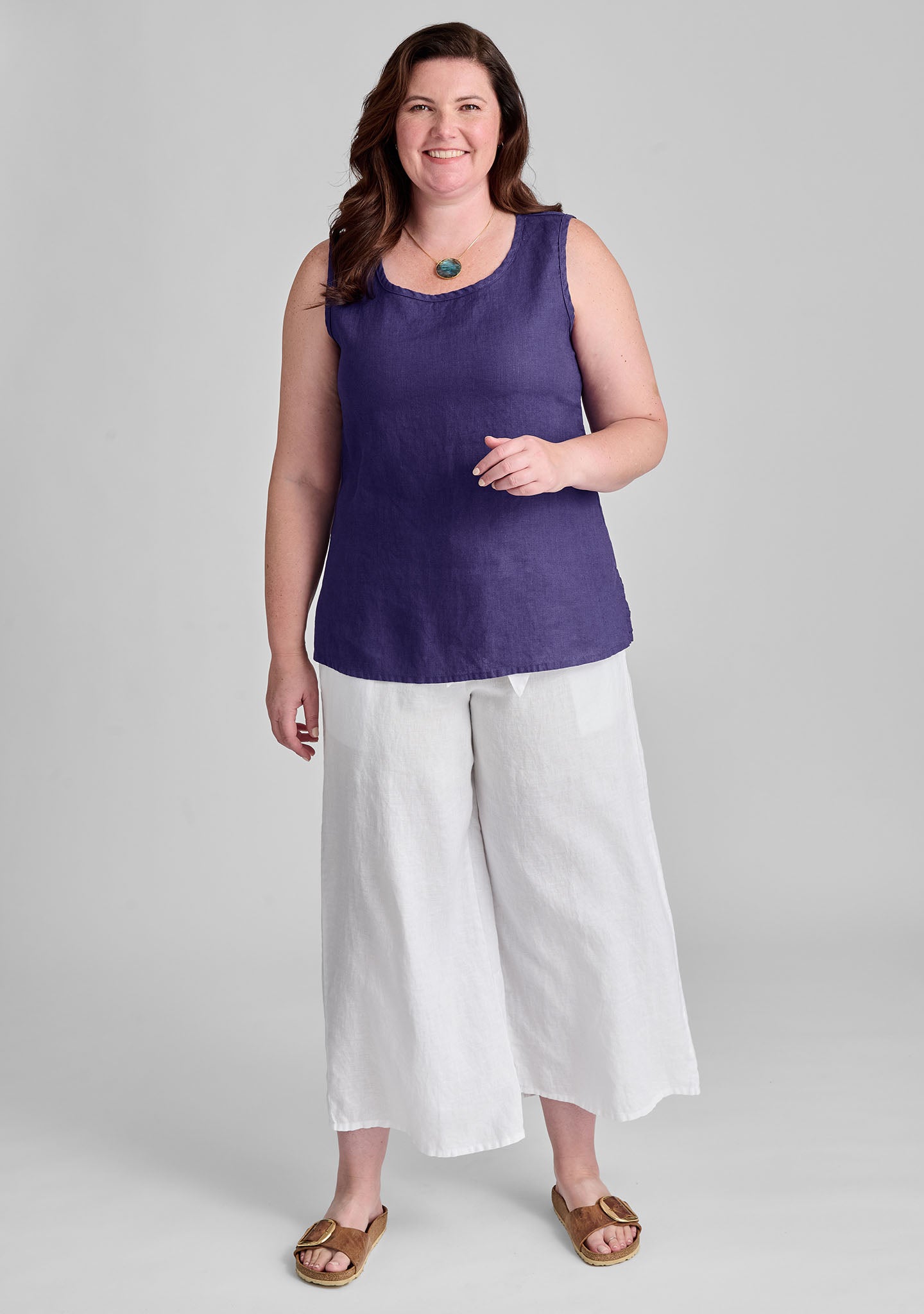 FLAX linen tank in blue with linen pants in white