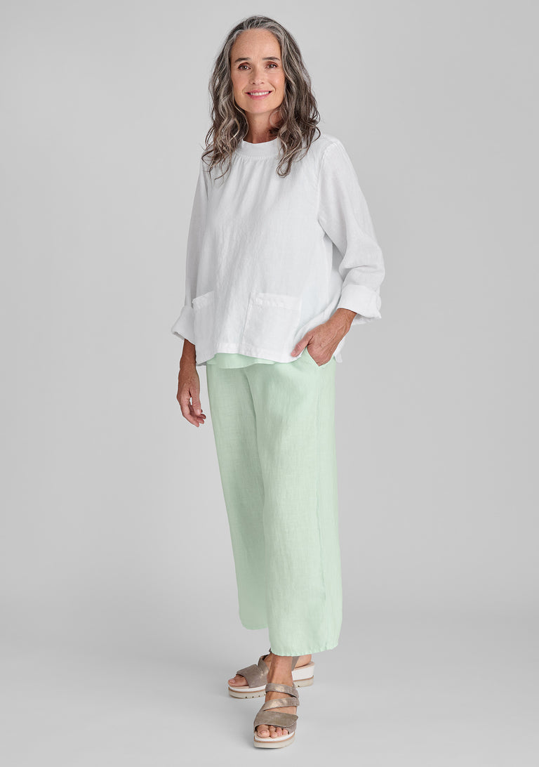 FLAX linen shirt in white with linen pants in green