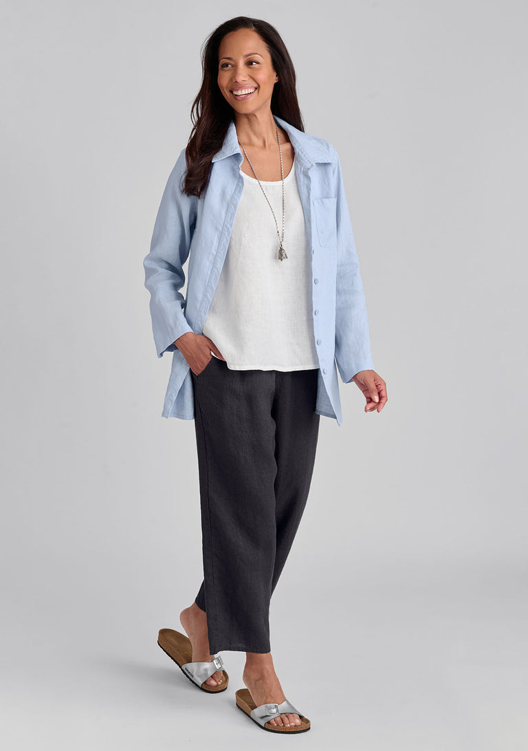 FLAX linen shirt in blue with linen tank in white and linen pants in grey