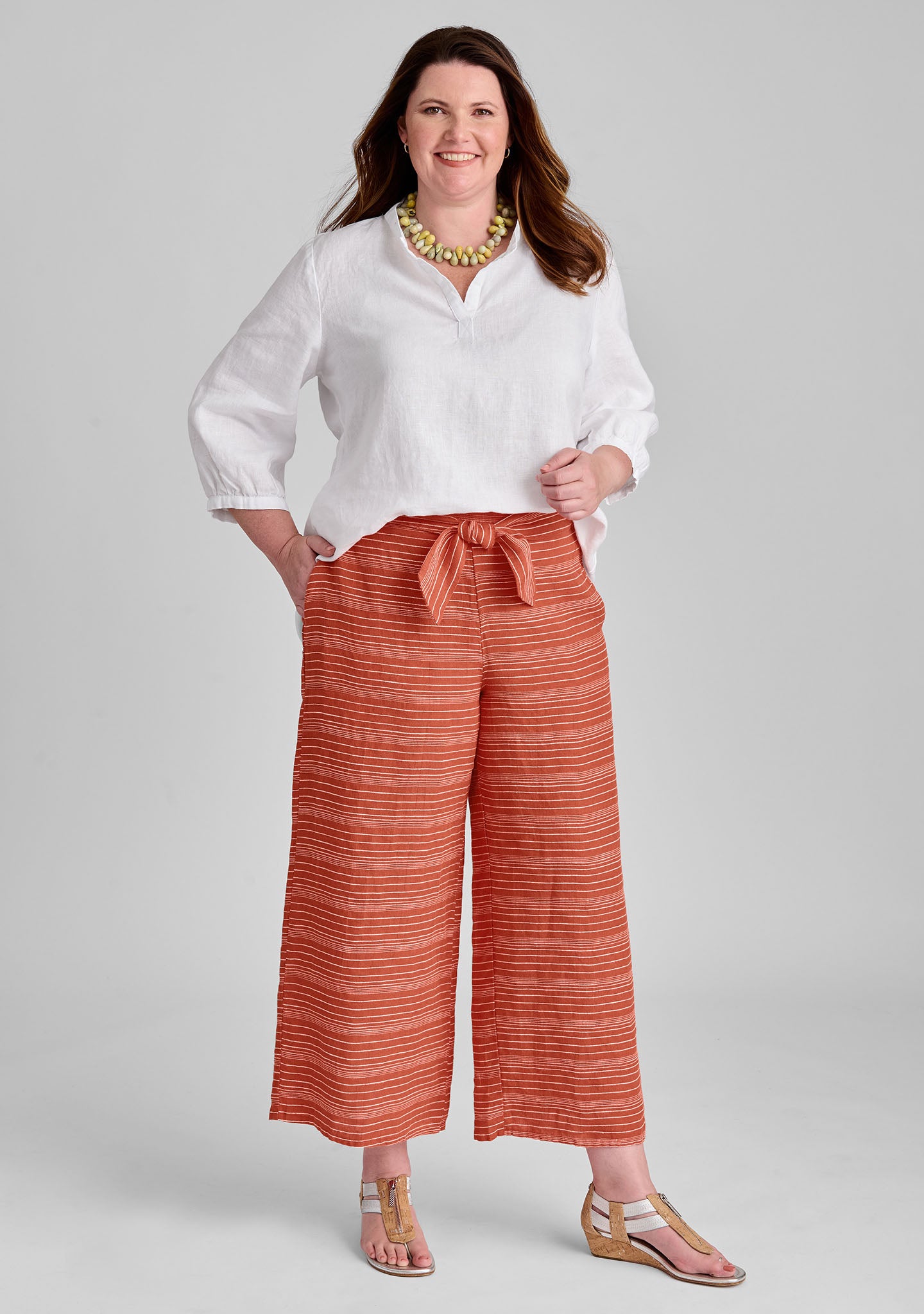 FLAX linen shirt in white with linen pants in red