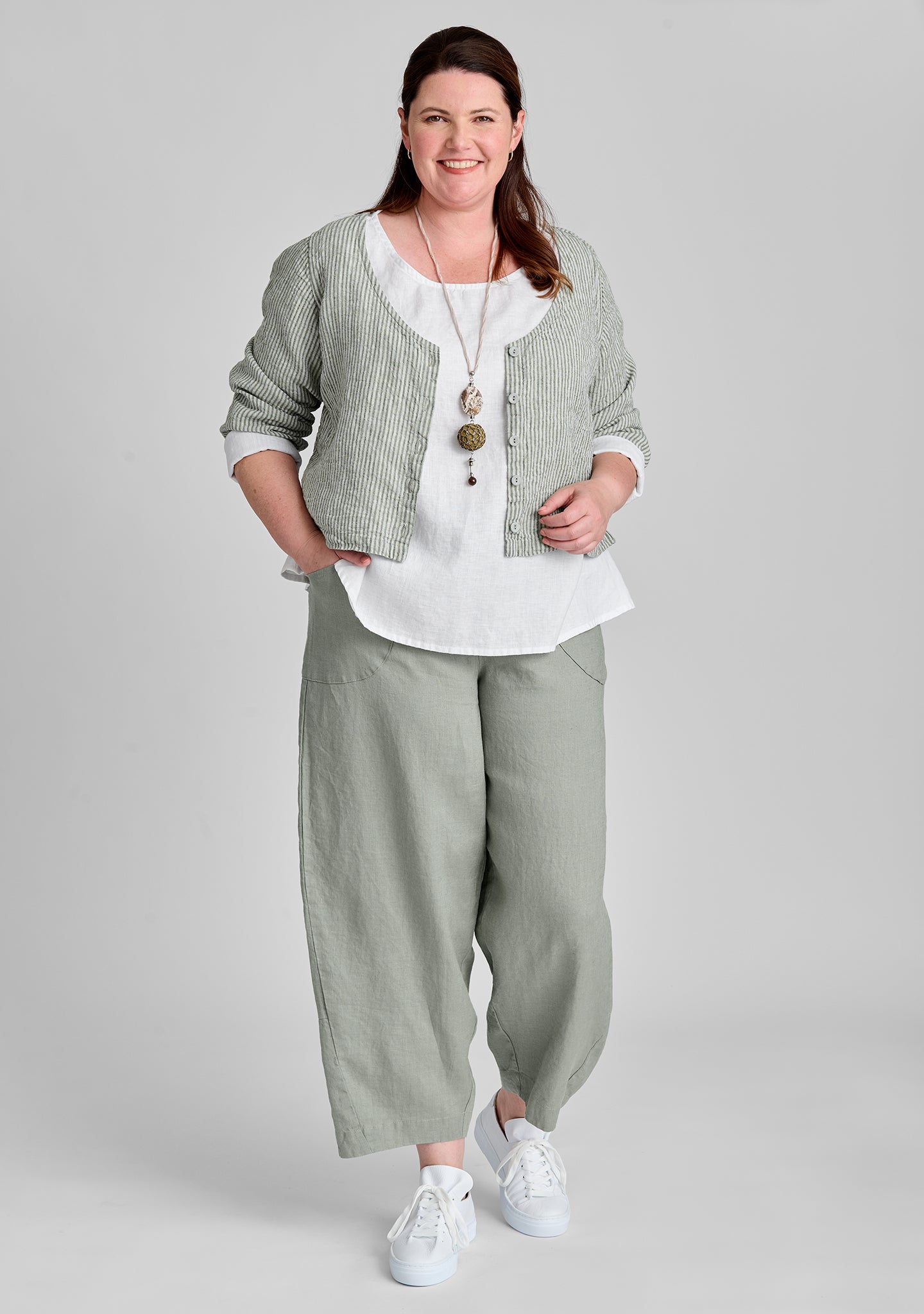 FLAX linen blouse in green with linen shirt in white with linen pants in green