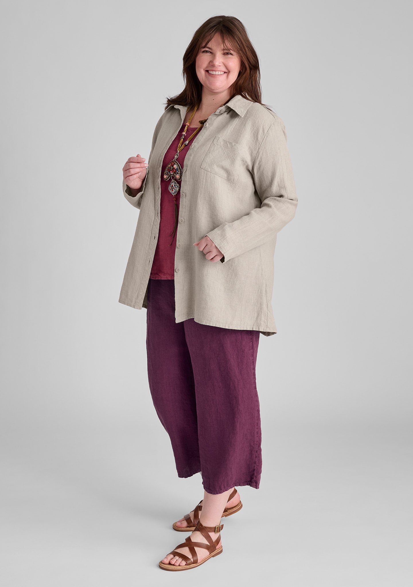 FLAX linen shirt in natural with linen tank in red and linen pants in purple