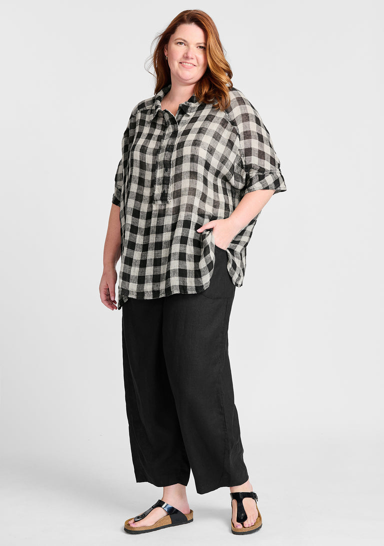 FLAX linen shirt in black check with linen pants in black