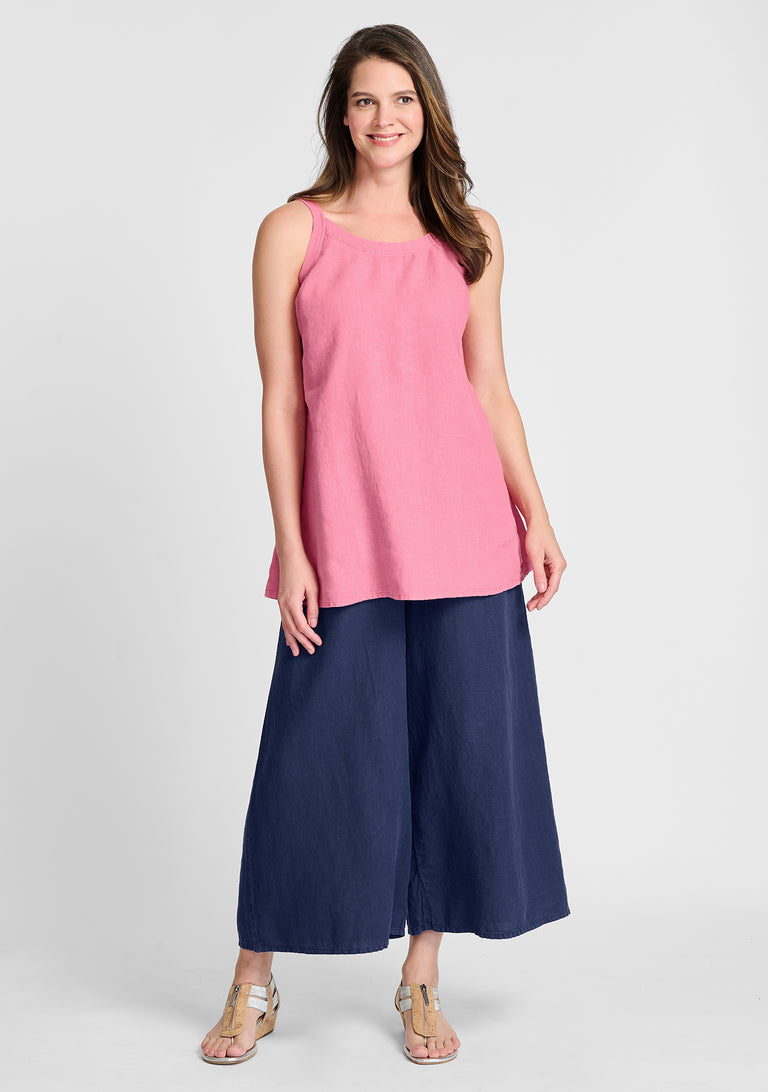 FLAX linen tank in pink with linen pants in blue