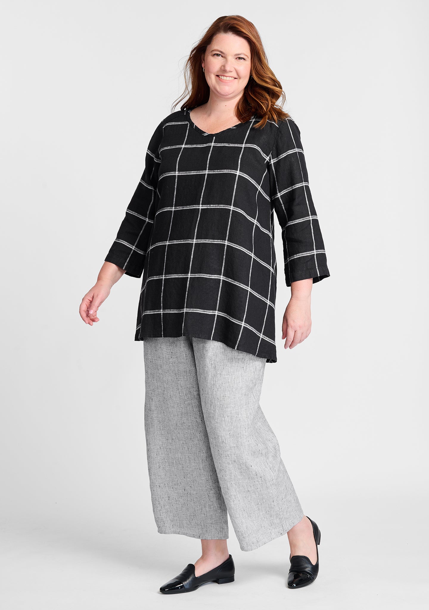 FLAX linen shirt in black with linen pants in grey