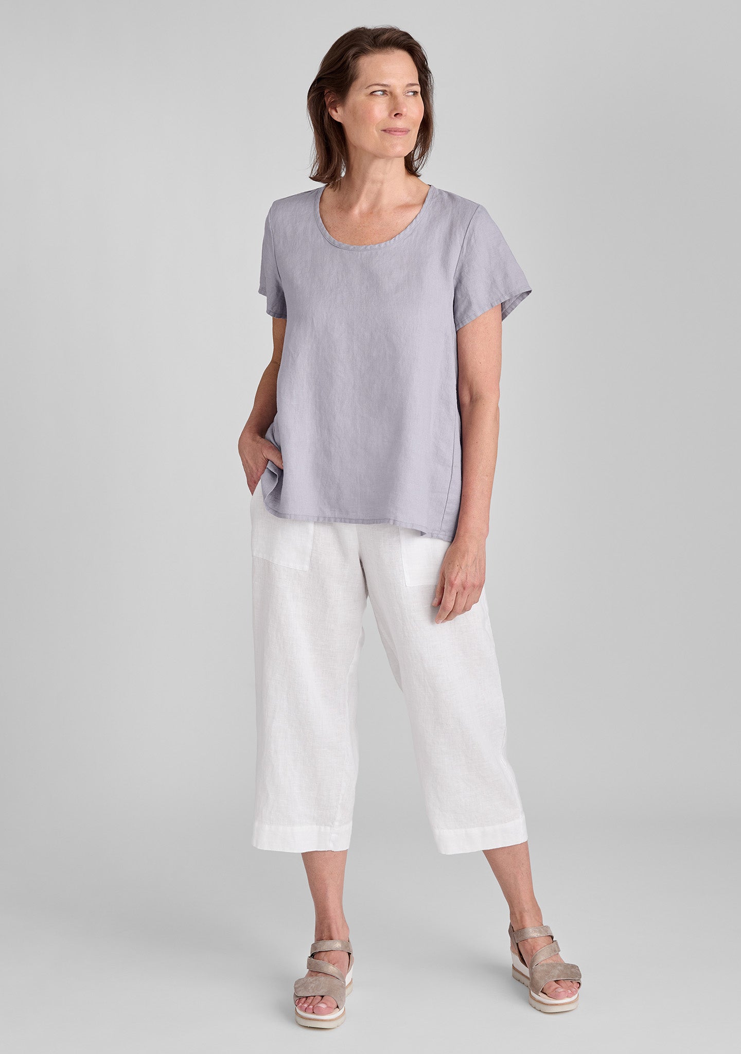 FLAX linen shirt in grey with linen pants in white