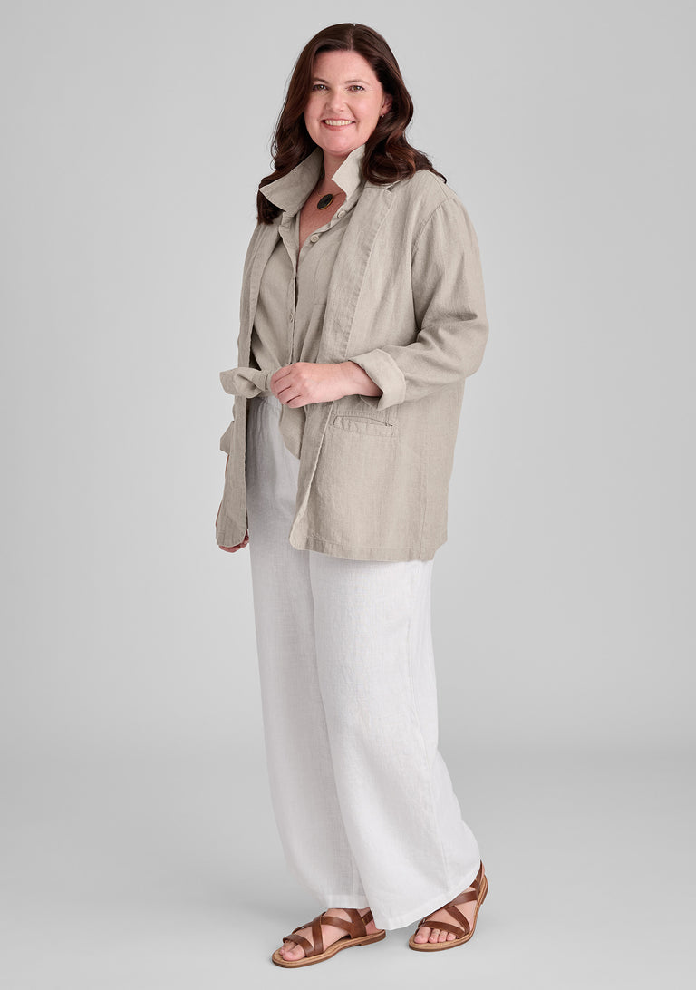 FLAX linen jacket in natural and linen shirt in natural with linen pants in white