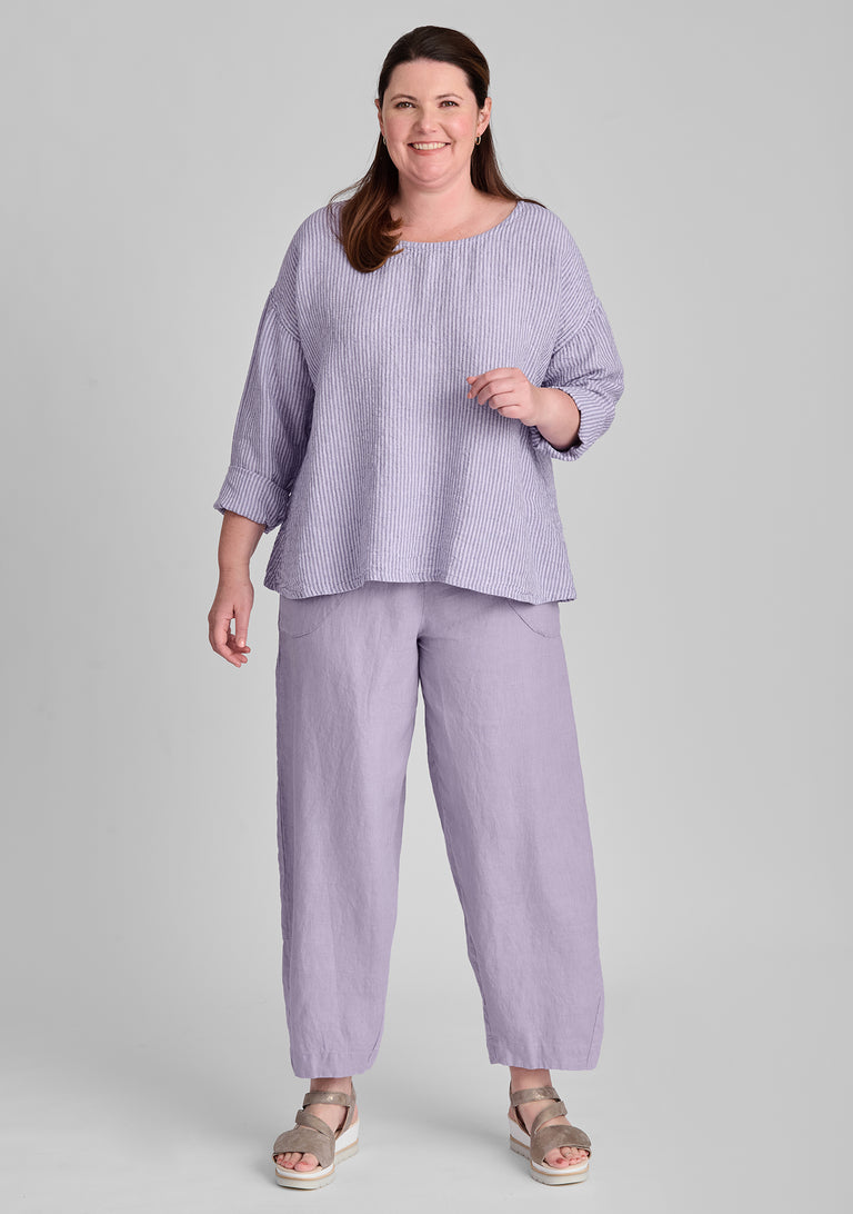 FLAX linen shirt in purple with linen pants in purple