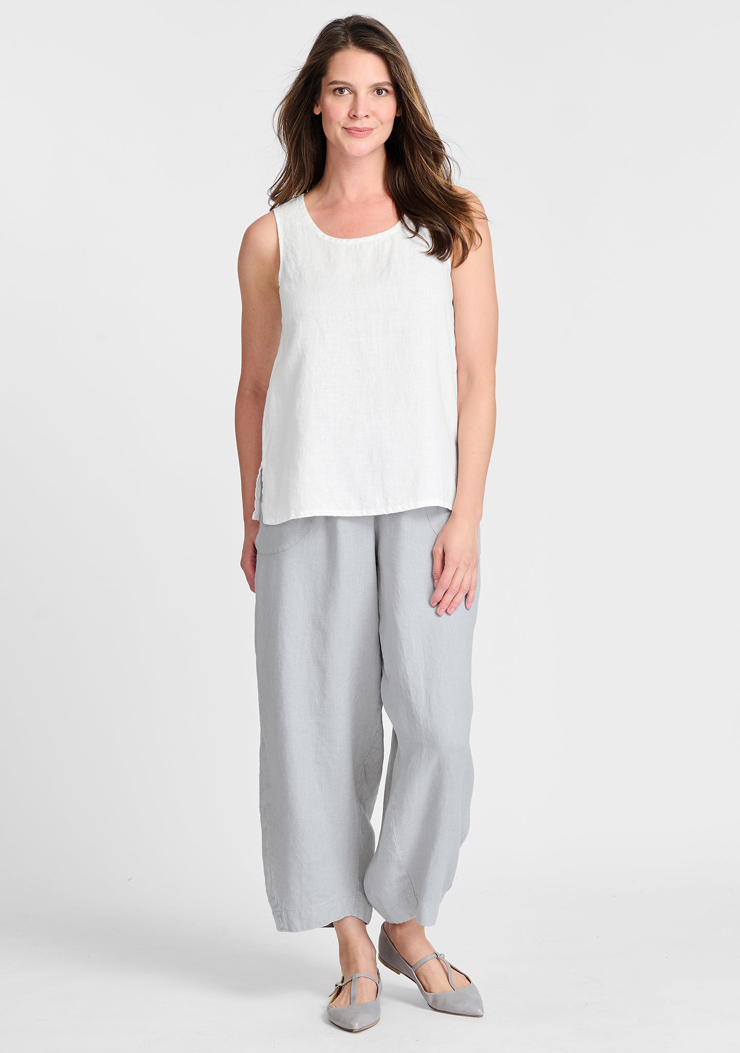 FLAX linen tank in white with linen pants in grey