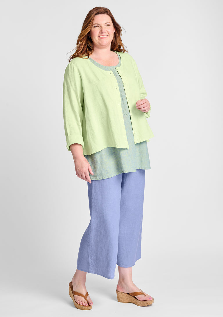 FLAX linen shirt in green with linen shirt in green and linen pants in blue