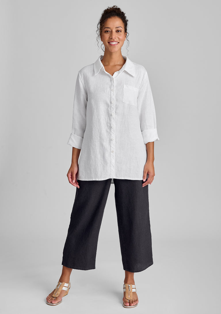 FLAX linen blouse in white with linen pants in grey