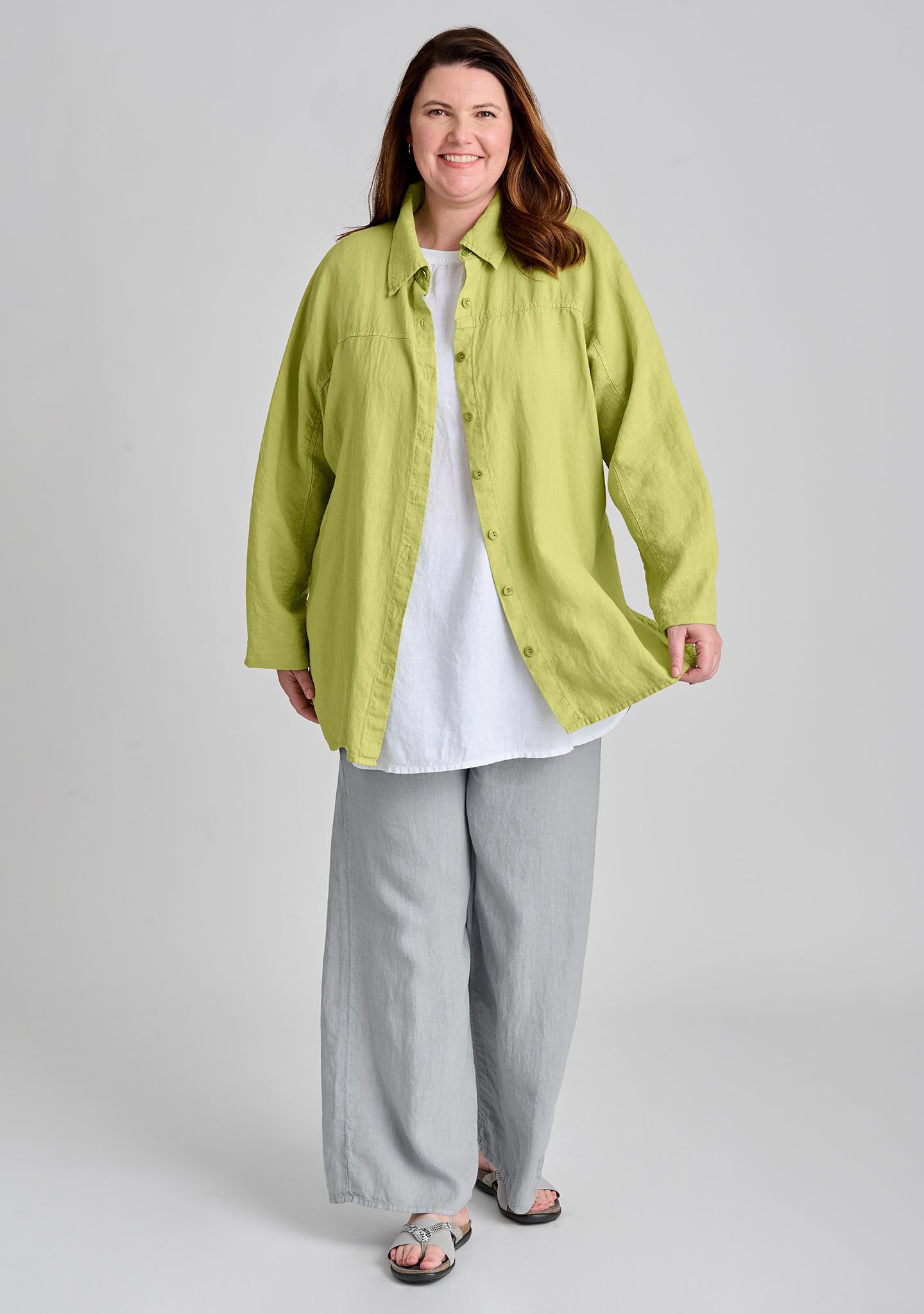 FLAX linen blouse in green with linen tank in white and linen pants in grey