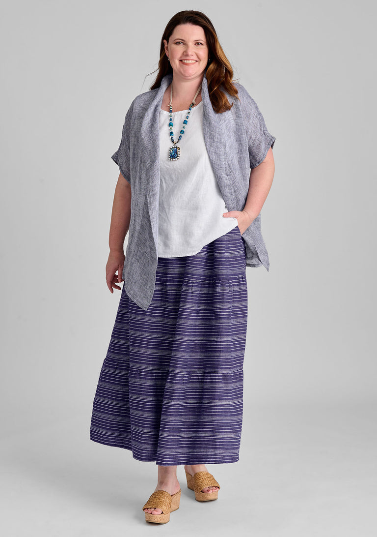 FLAX linen cardigan in blue with linen tank in white and linen skirt in blue