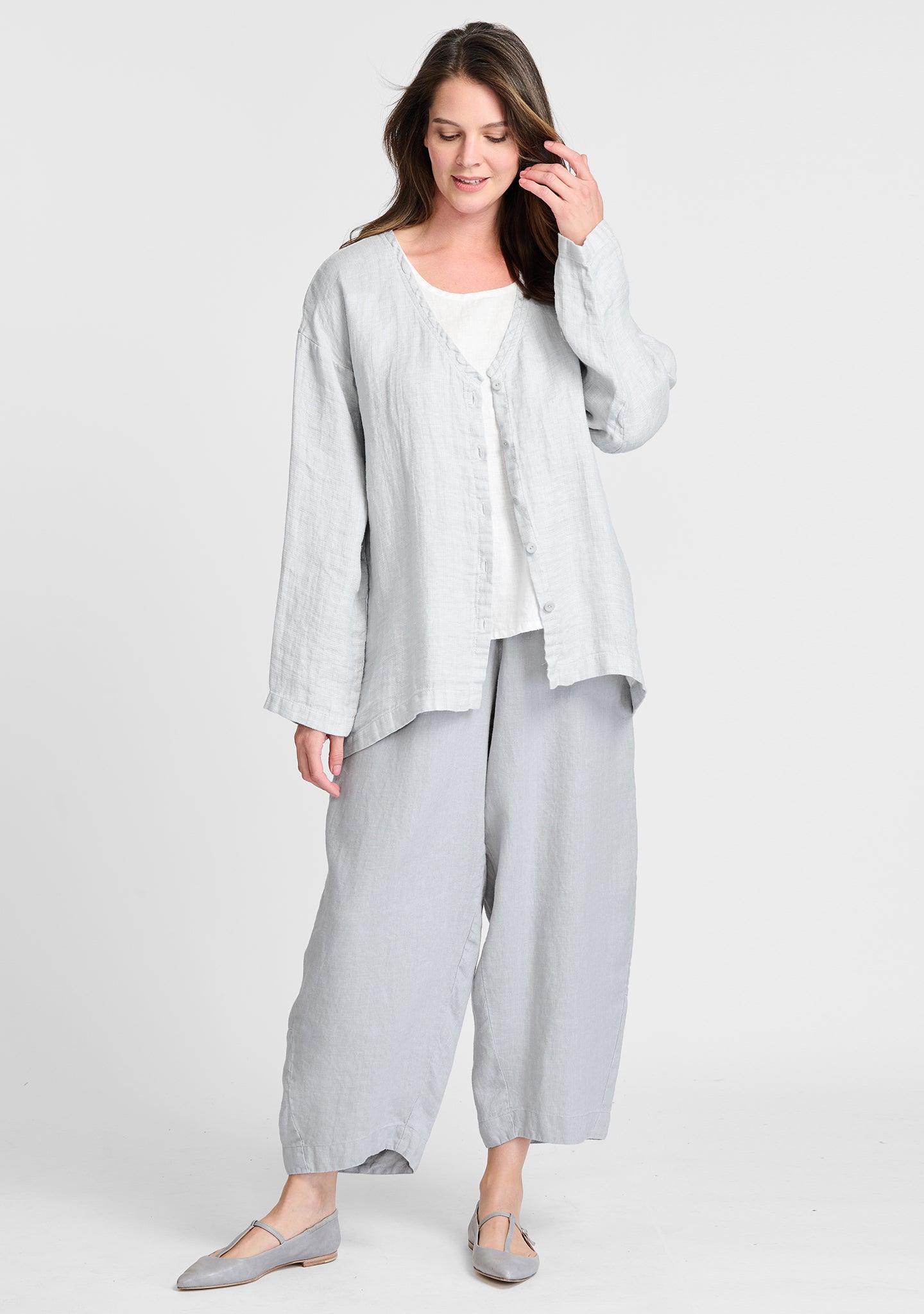 FLAX linen jacket in grey with linen tank in white and linen pants in grey