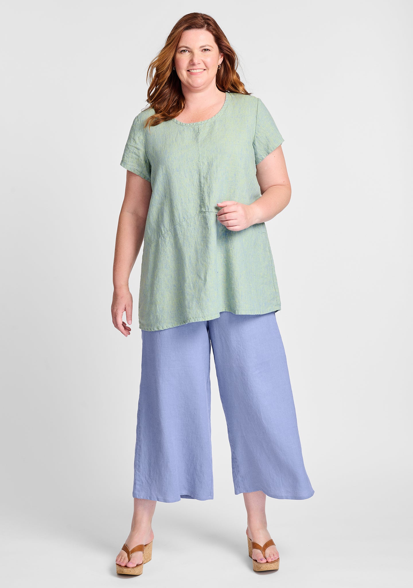 FLAX linen shirt in green with linen pants in blue