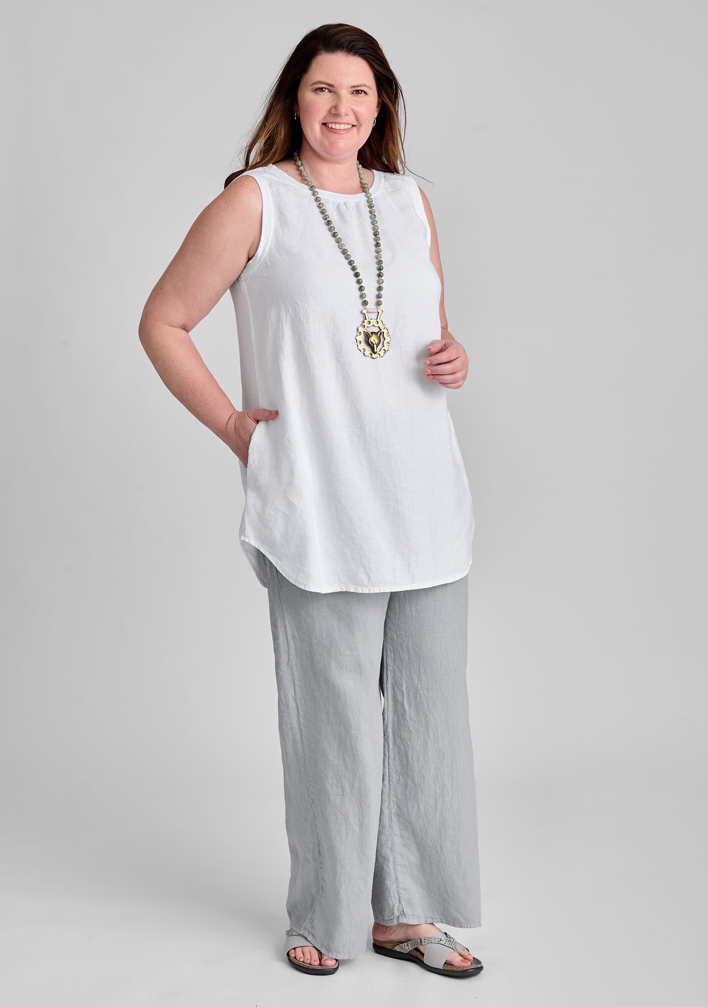 FLAX linen tank in white with linen pants in grey