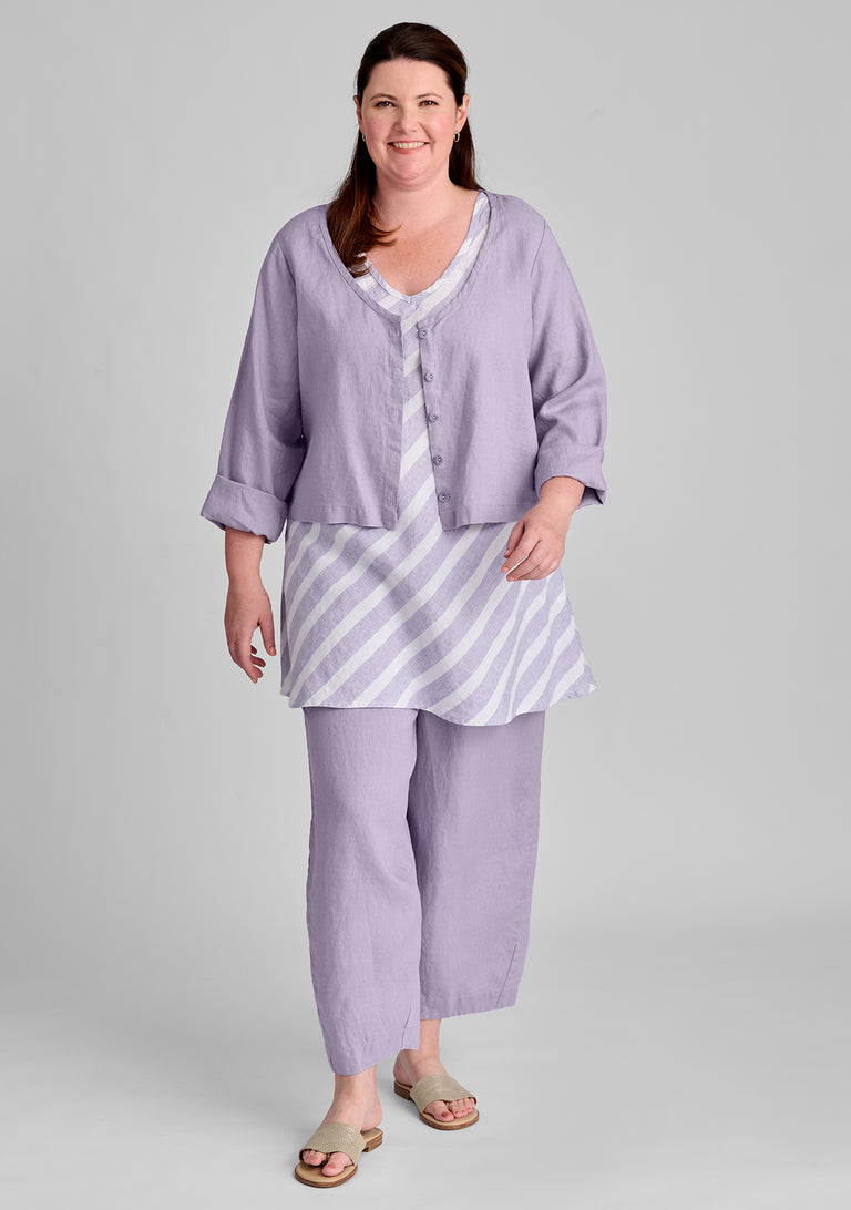 FLAX linen blouse in purple with linen tank in purple with linen pants in purple