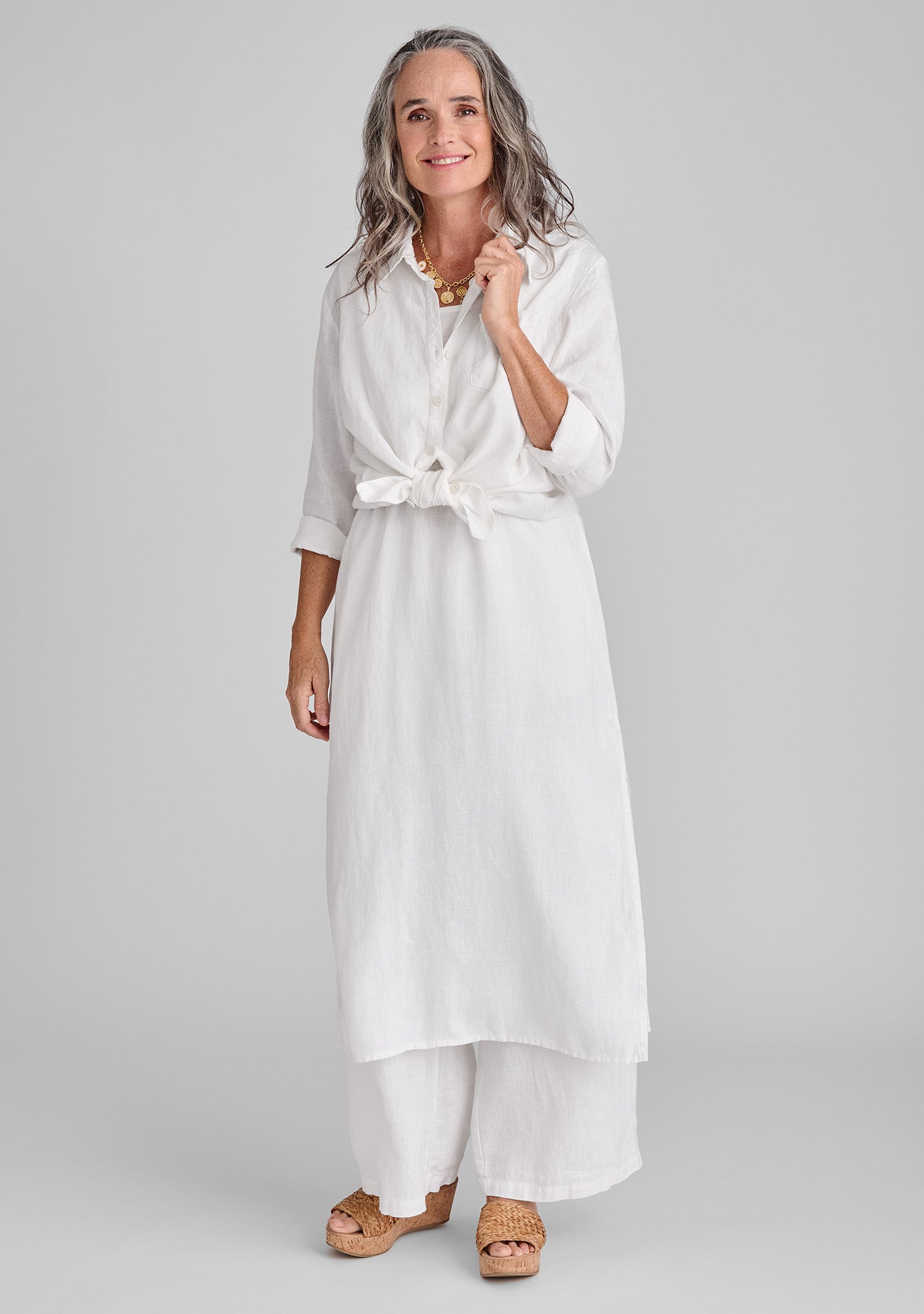 FLAX linen shirt in white and linen dress in white with linen pants in white