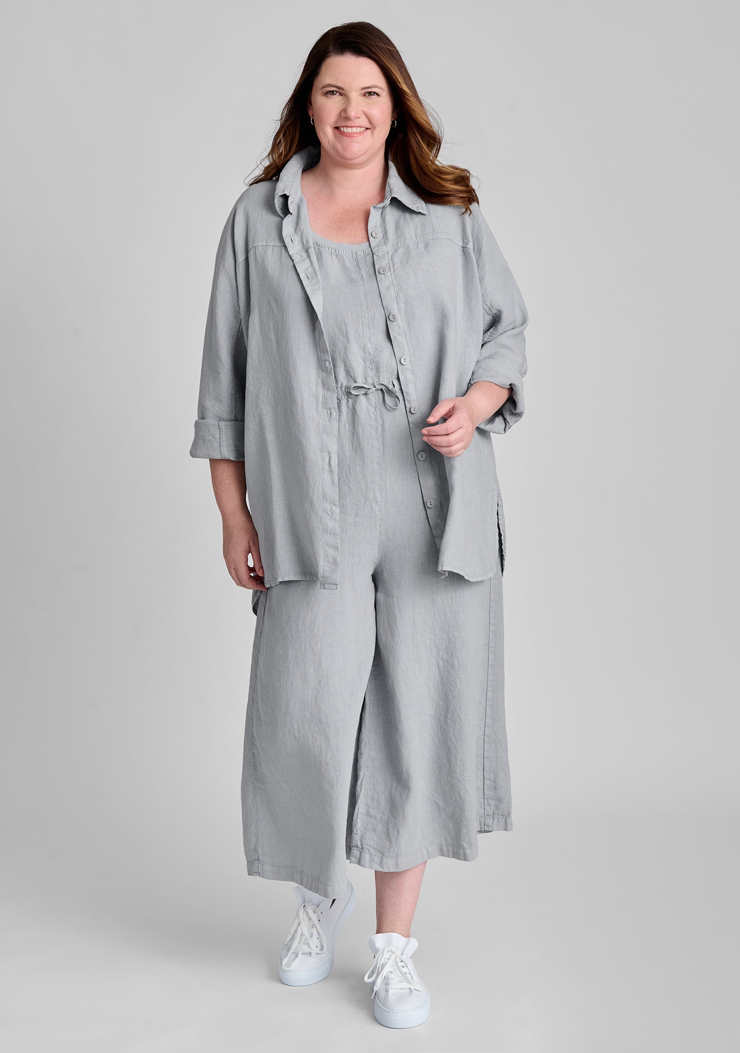 FLAX linen blouse in grey with linen jumpsuit in grey