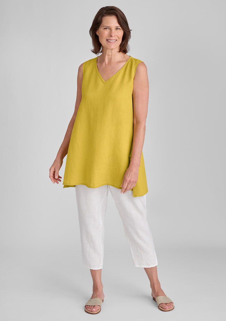 FLAX linen tank in yellow with linen pants in white