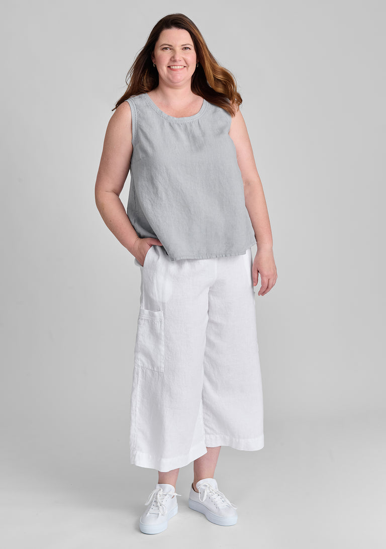 FLAX linen tank in grey with linen pants in white