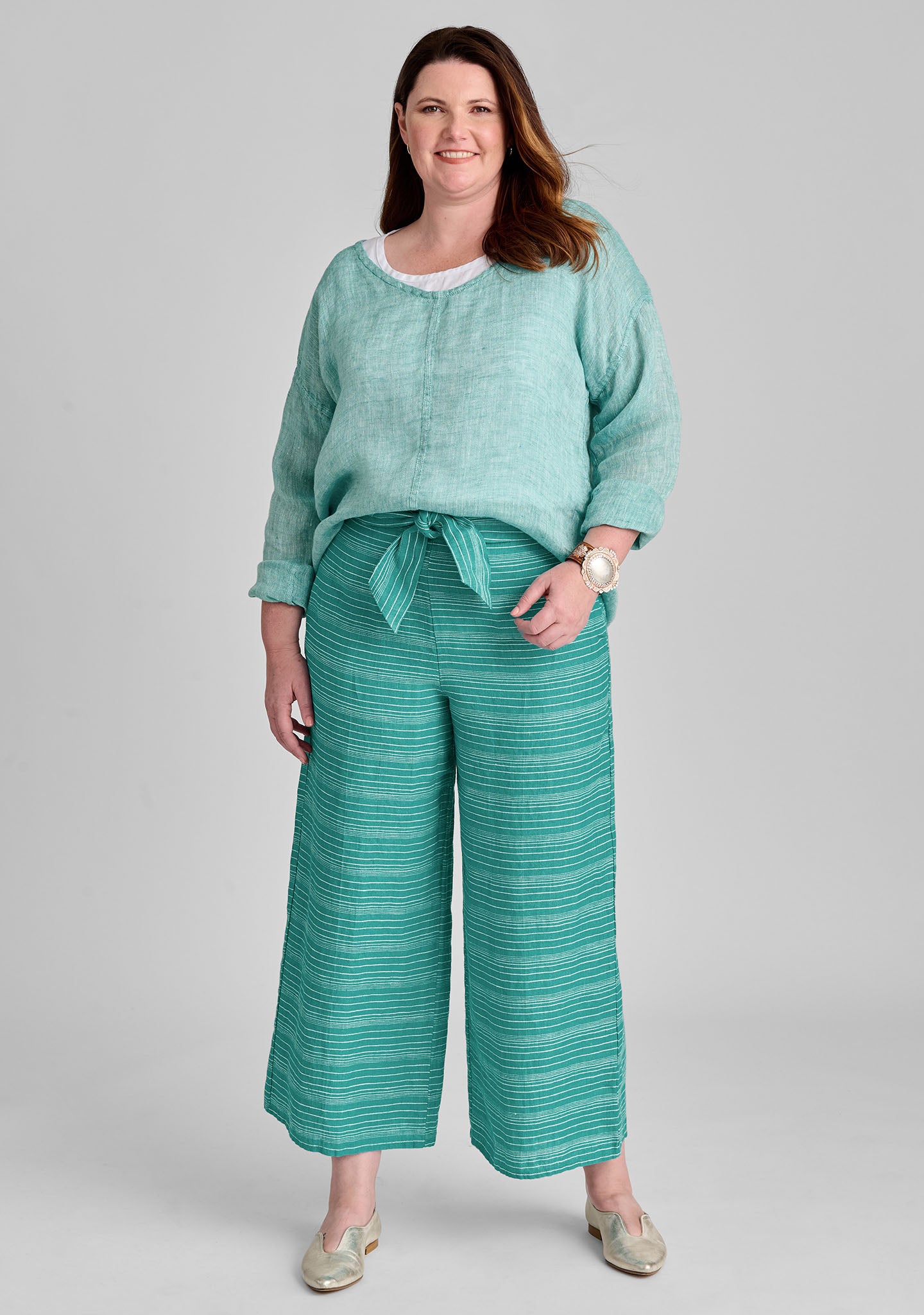 FLAX linen shirt in green with linen tank in white and linen pants in green