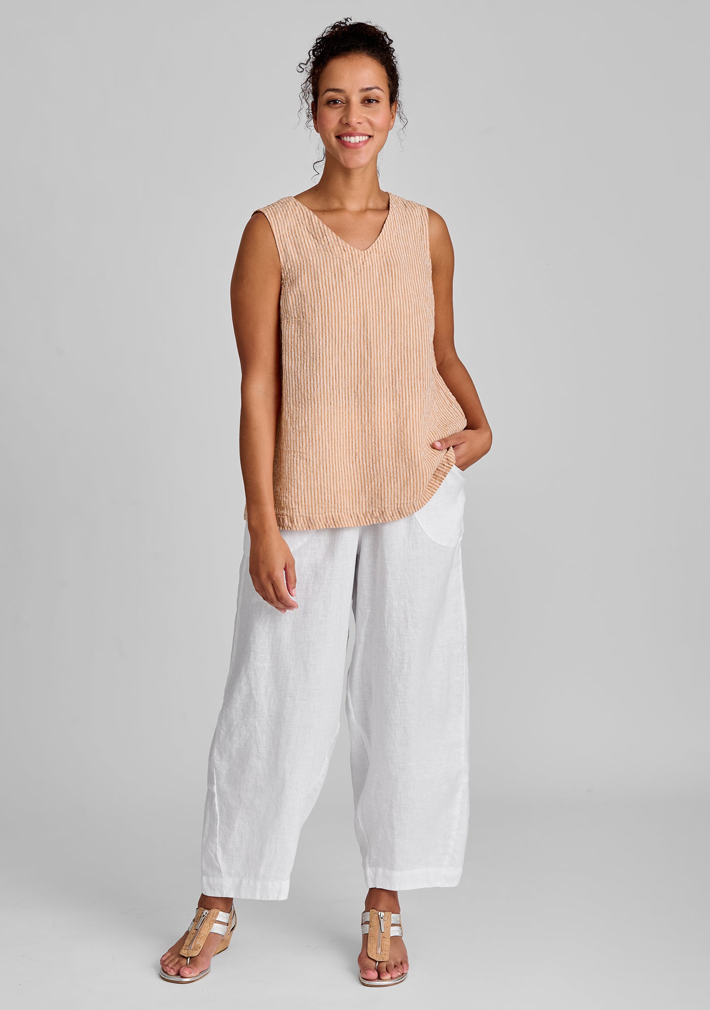 FLAX linen tank in orange with linen pants in white