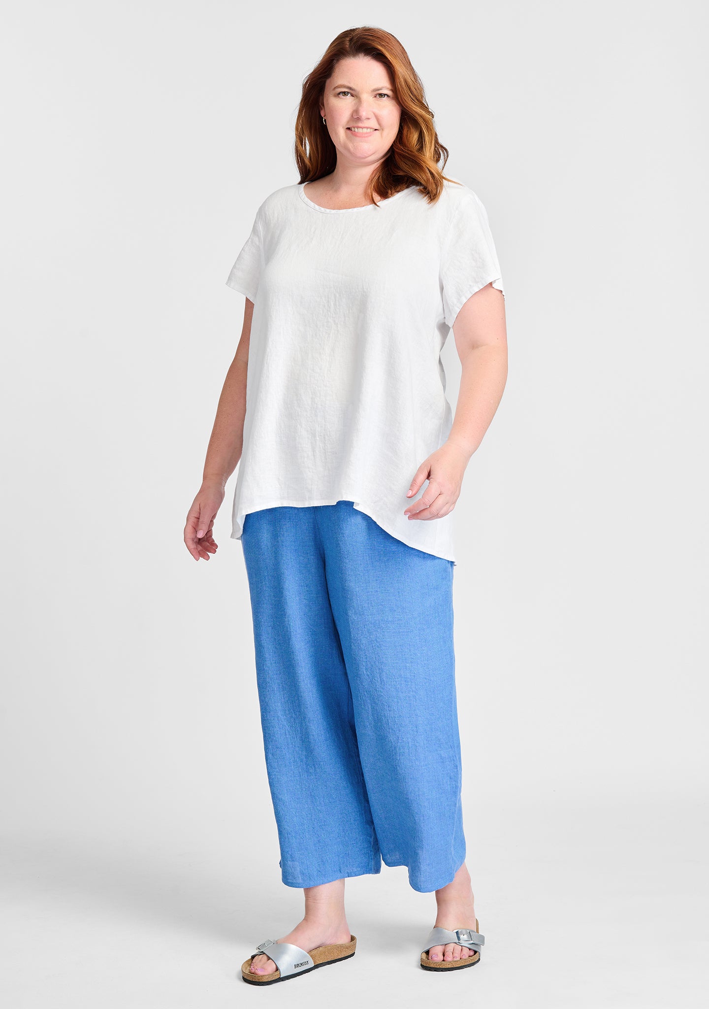 FLAX linen shirt in white with linen pants in blue