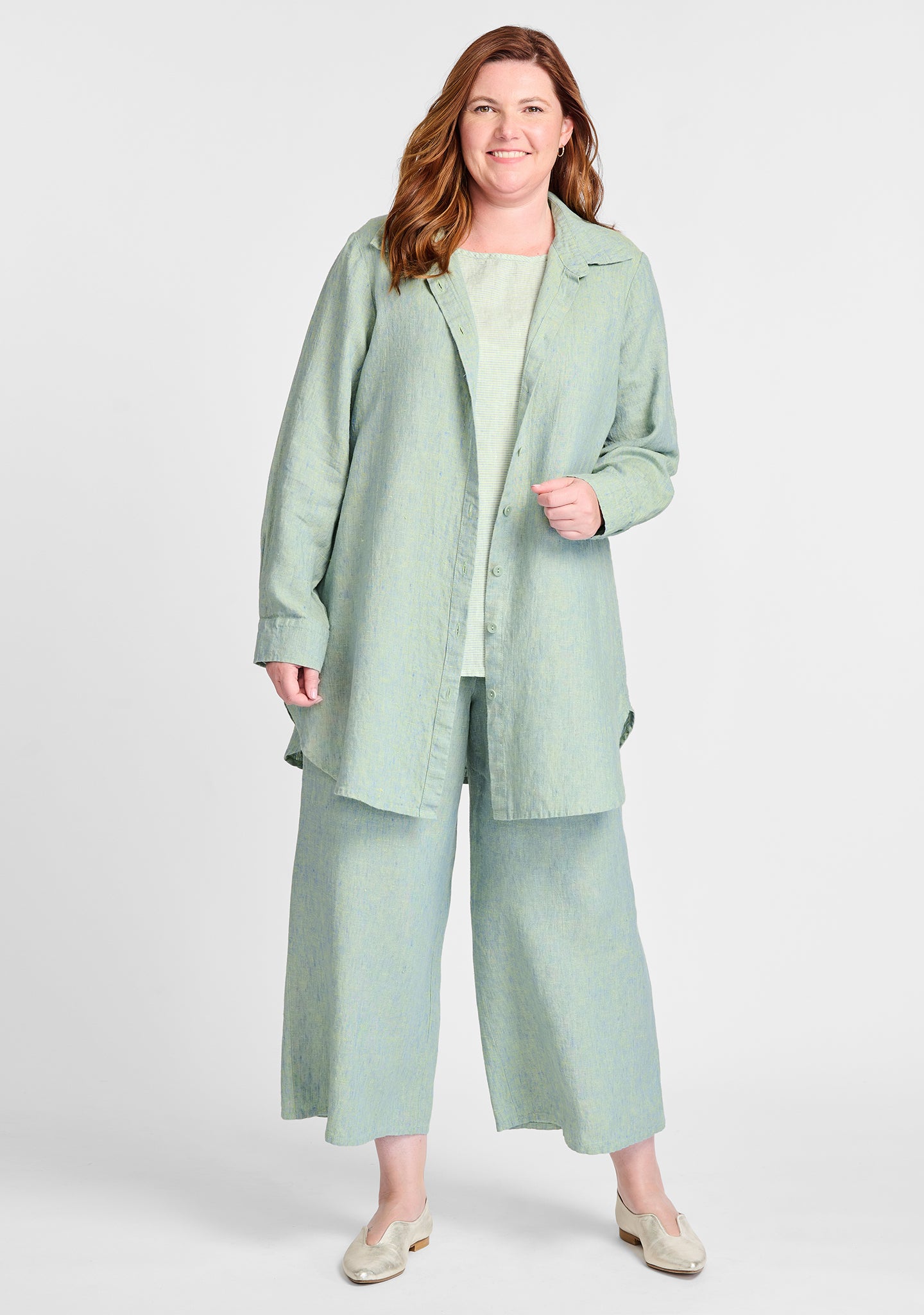 FLAX linen shirt in green with linen tank in green and linen pants in green