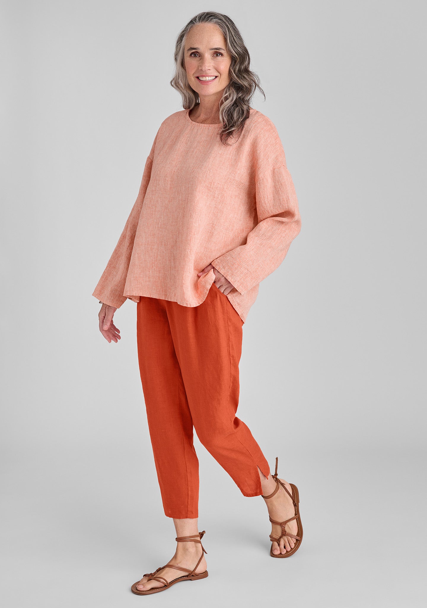 FLAX linen shirt in orange with linen pants in orange