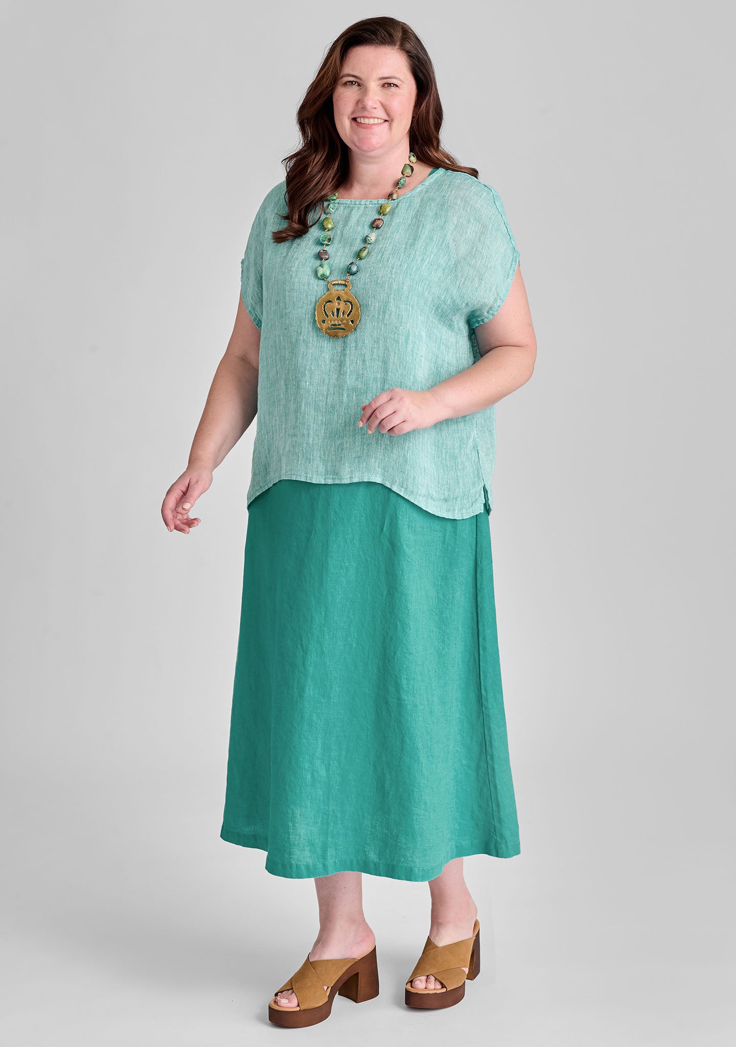 FLAX linen shirt in green with linen dress in green