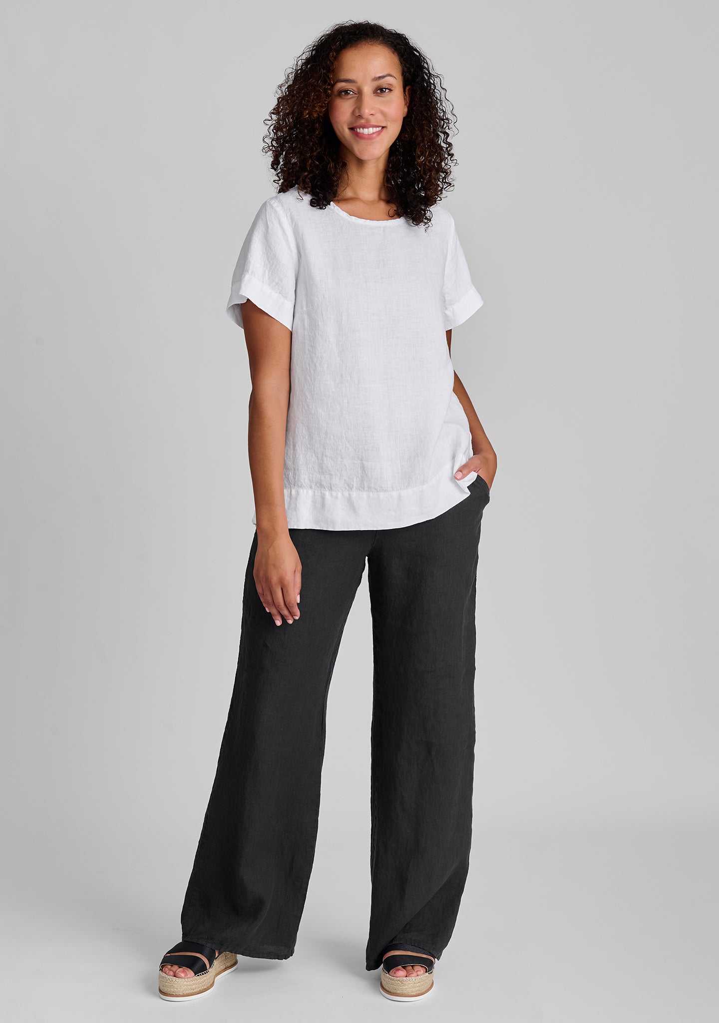 FLAX linen tee in white with linen pants in black