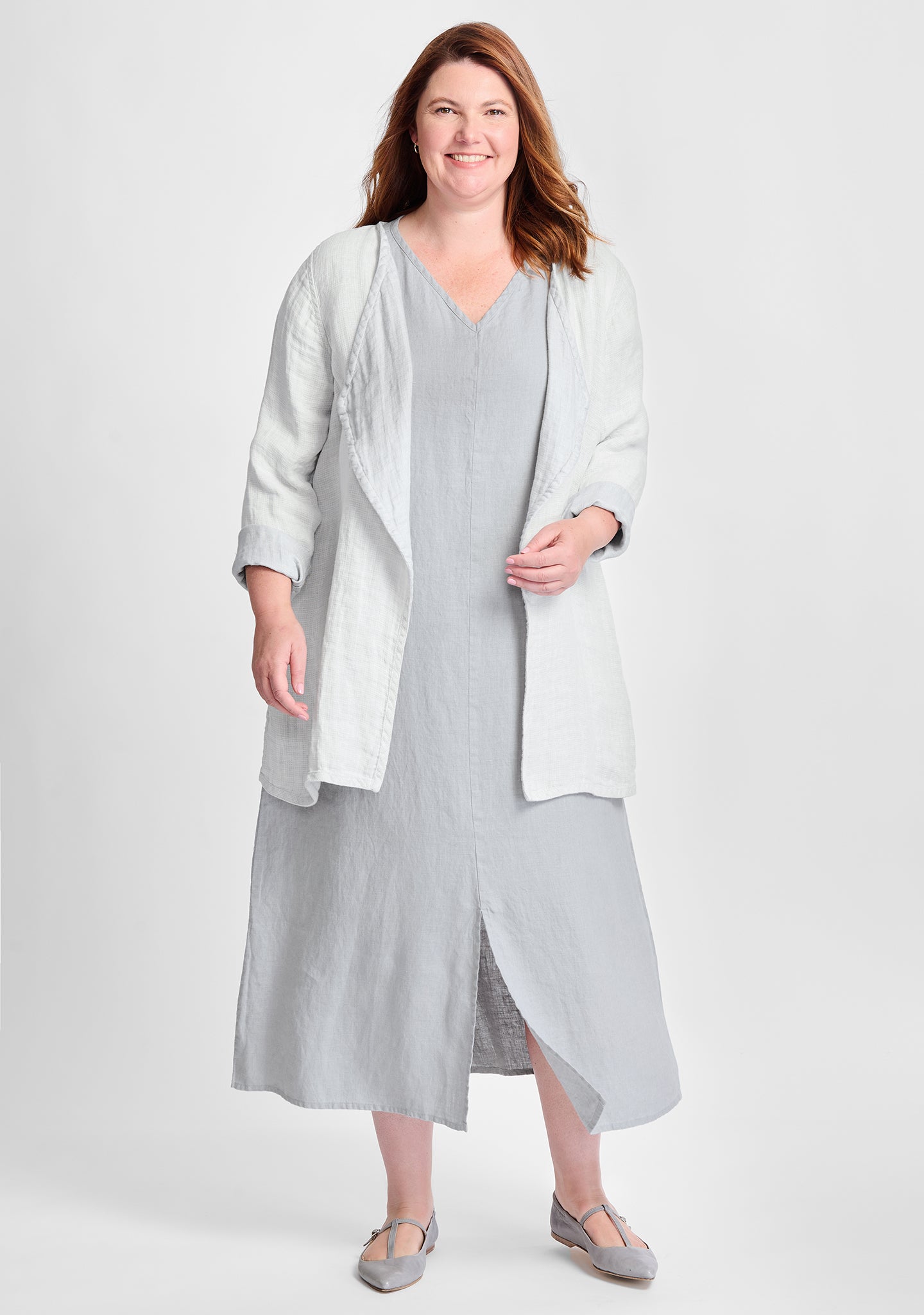 FLAX linen jacket in grey with linen dress in grey
