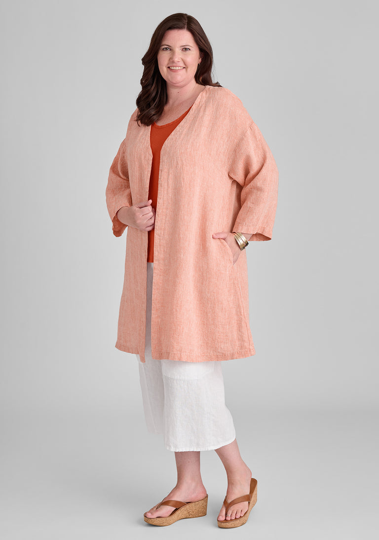 FLAX linen jacket in orange with linen tank in orange and linen pants in white