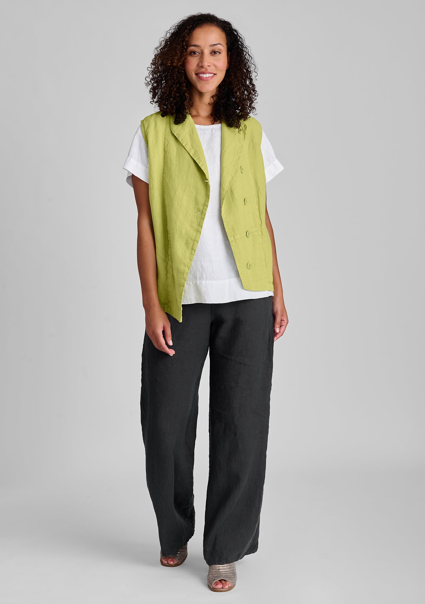 FLAX linen vest in green with linen tee in white and linen pants in black