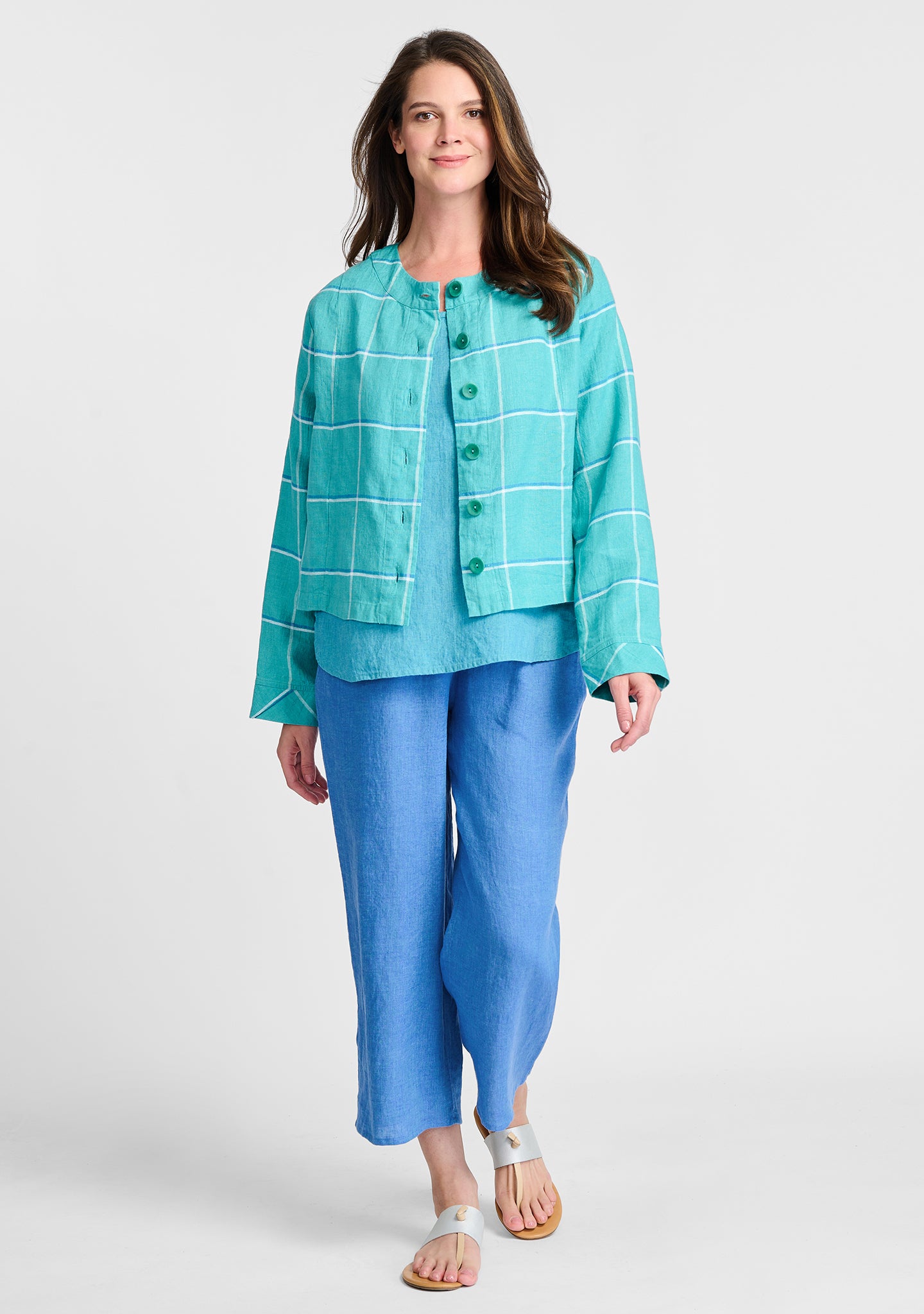 FLAX linen jacket in blue with linen tank in blue and linen pants in blue