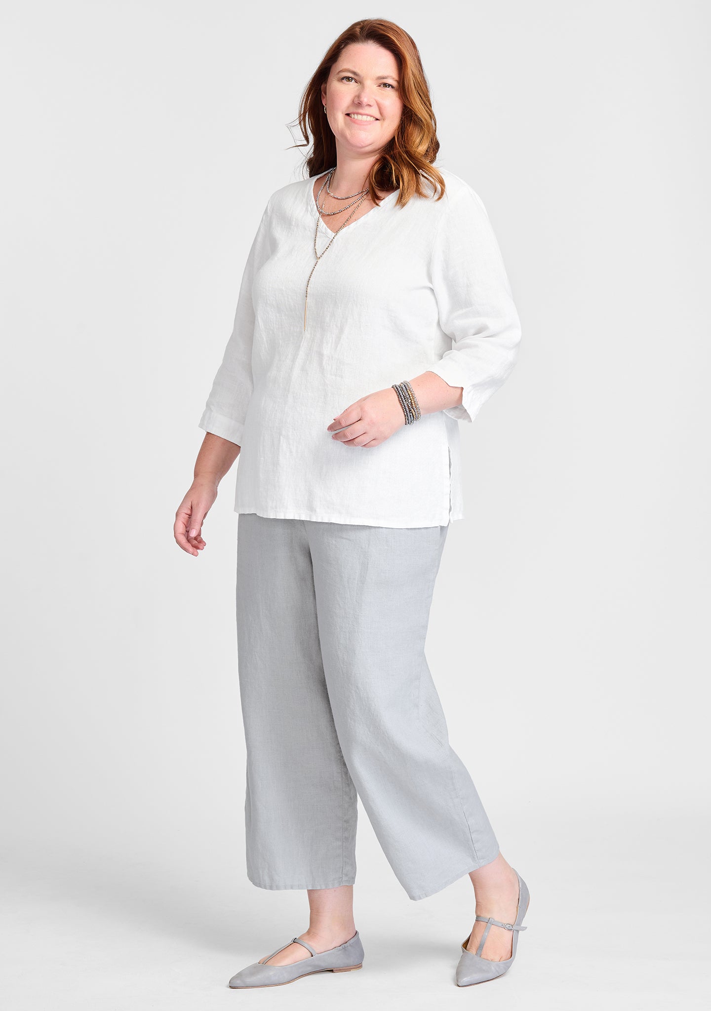 FLAX linen shirt in white with linen pants in grey