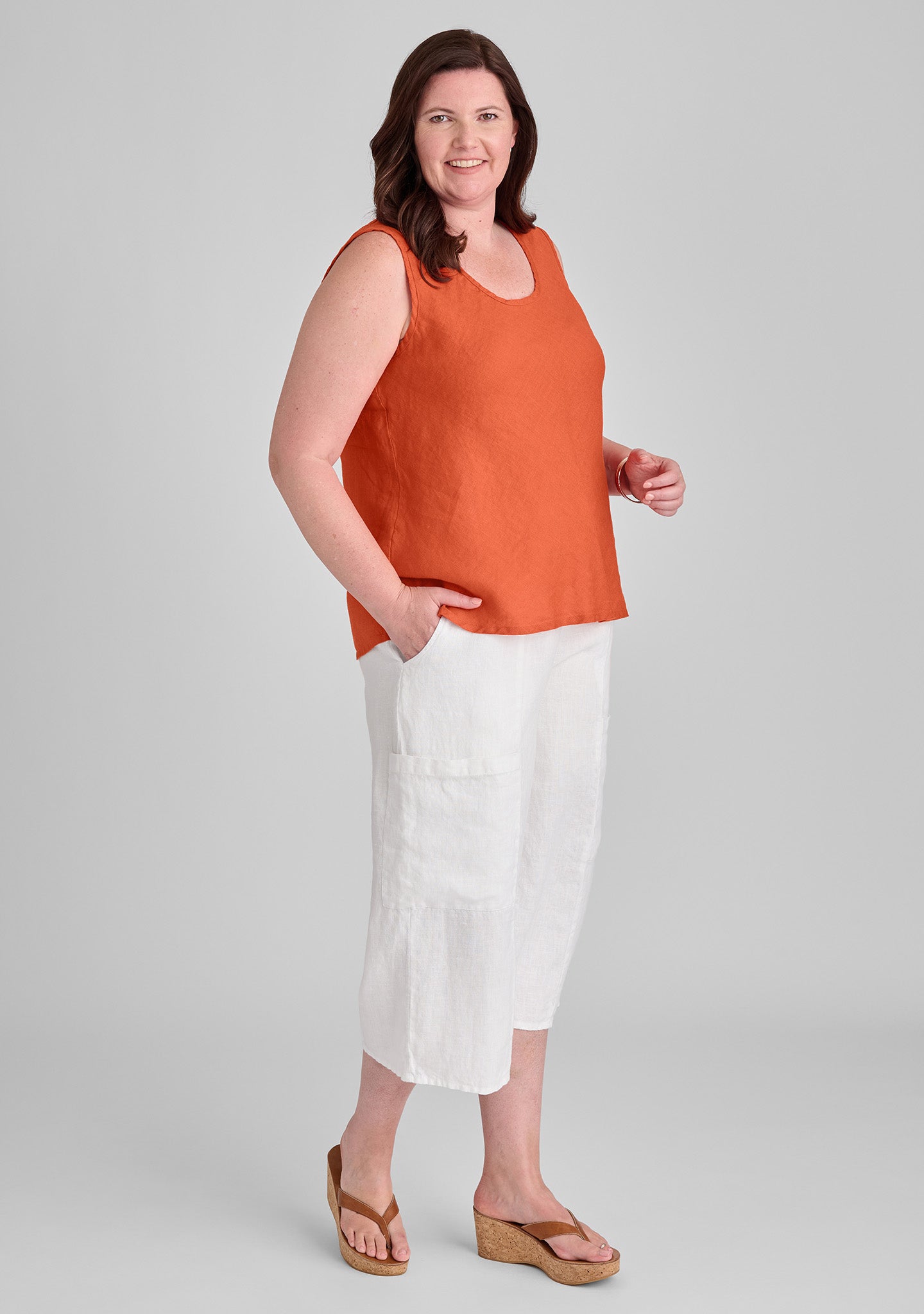 FLAX linen tank in orange with linen pants in white