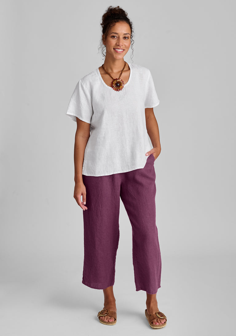 FLAX linen tee in white with linen pants in purple