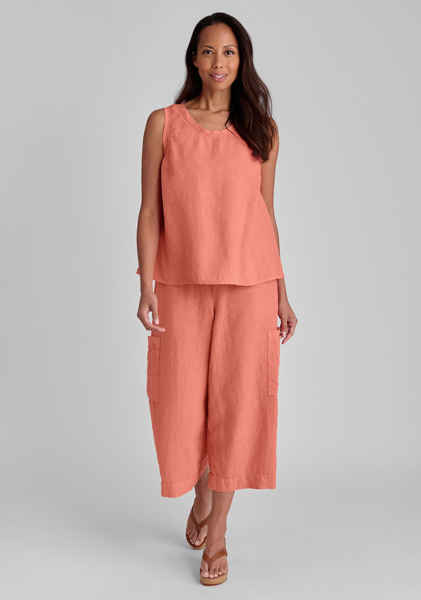 FLAX linen tank in orange with linen pants in orange