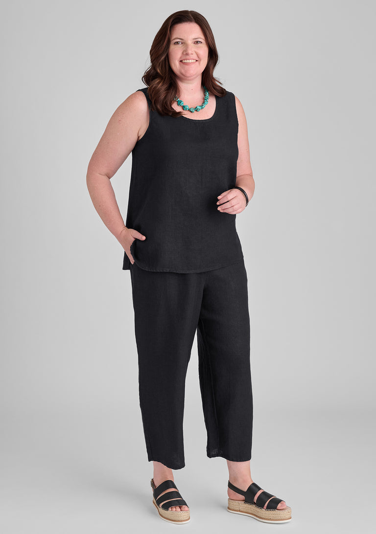 FLAX linen tank in black and linen pants in black