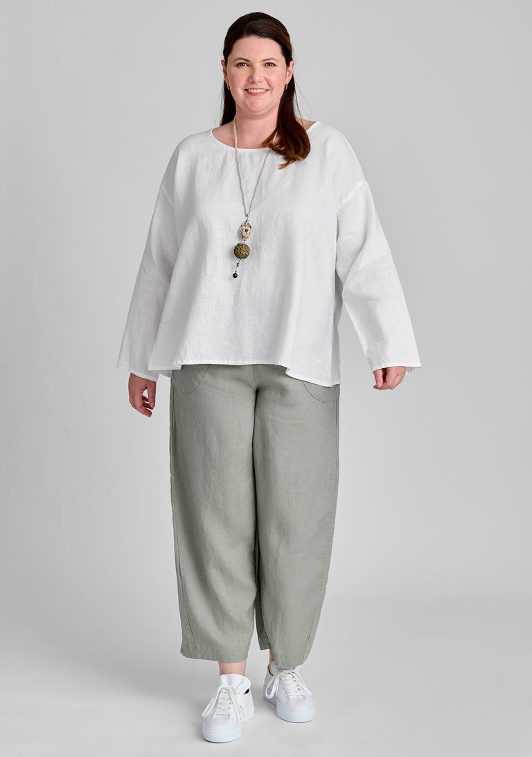 FLAX linen shirt in white with linen pants in green