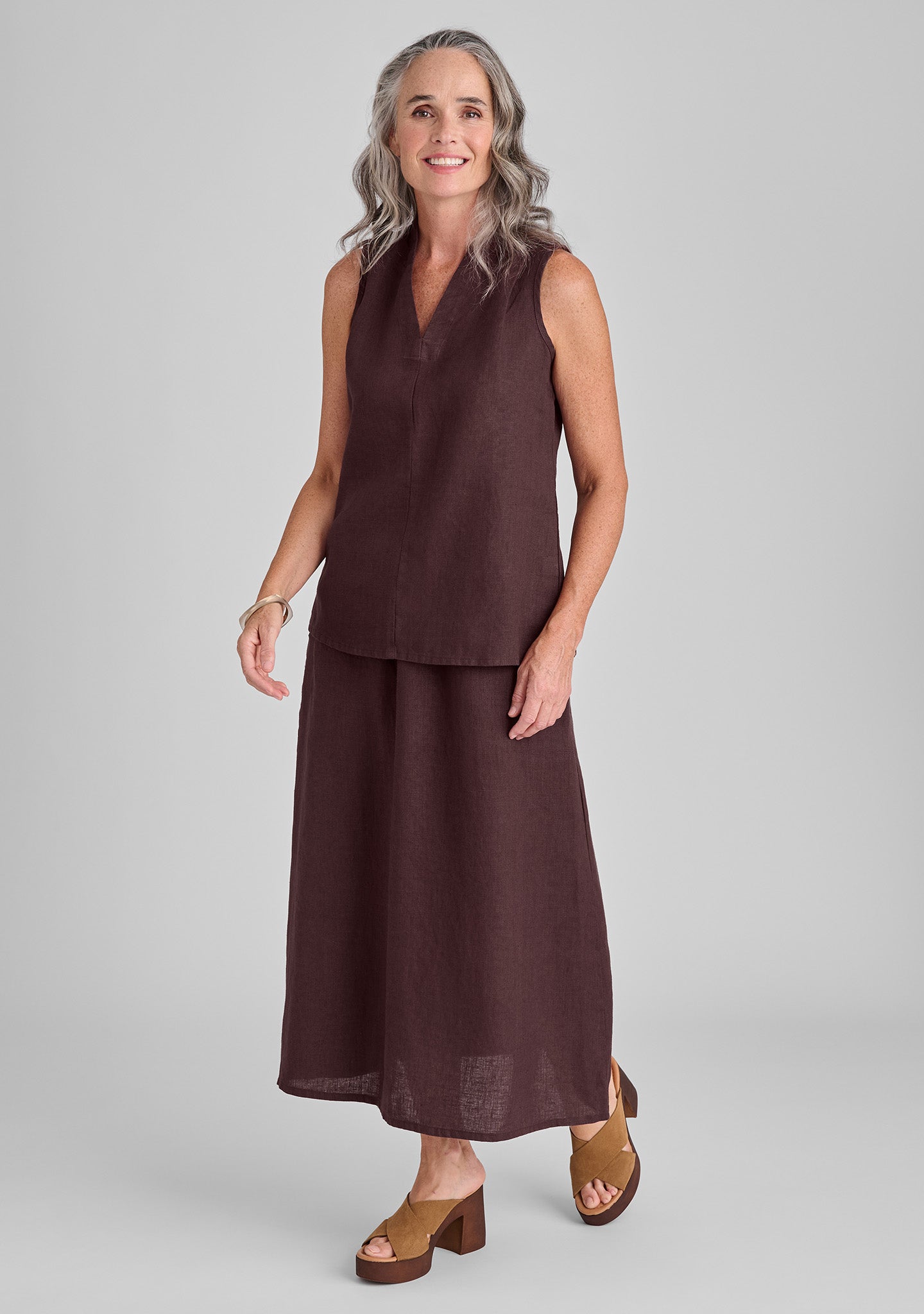 FLAX linen tank in brown with linen skirt in brown