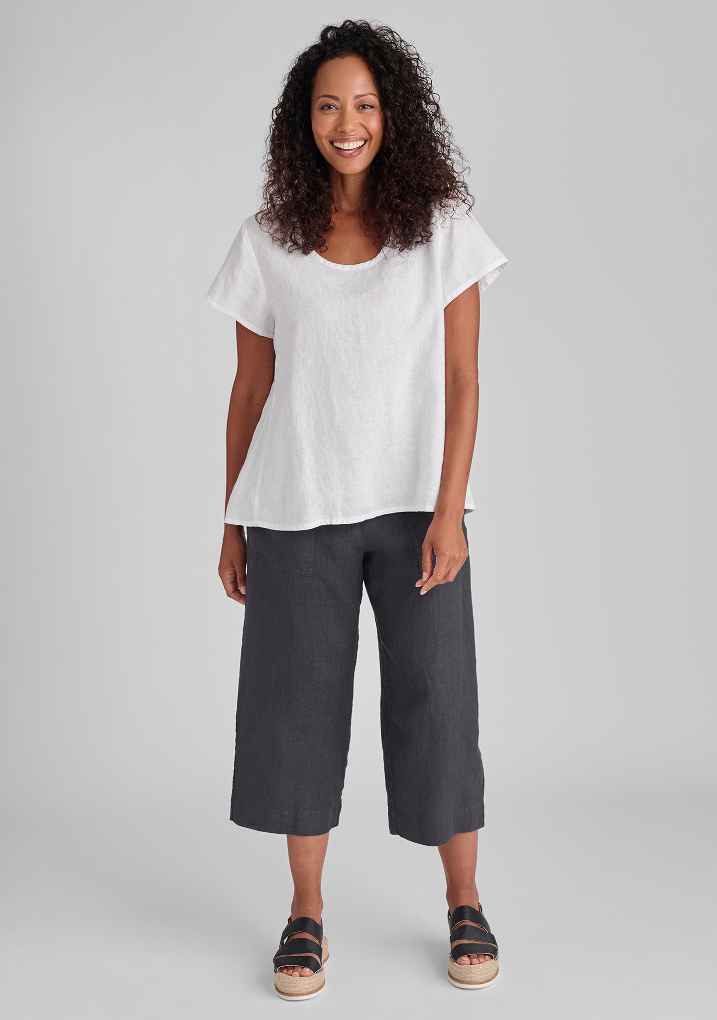 FLAX linen shirt in white with linen pants in grey